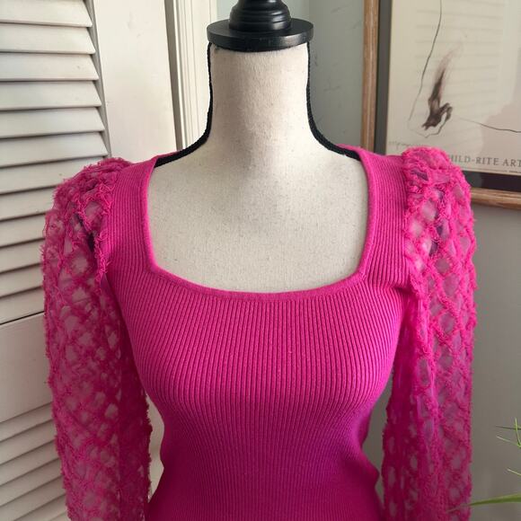 On Twelfth Top Womens Small Hot Pink Sheer Puff Sleeve Dainty Milkmaid Coquette - Picture 2 of 12